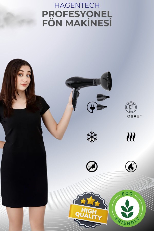 Siyah Profesyonel Saç Kurutma Makinesi+Fönlük+Fırça 2500Watt Profesyonel Fön Makinesi Saç Kurutma